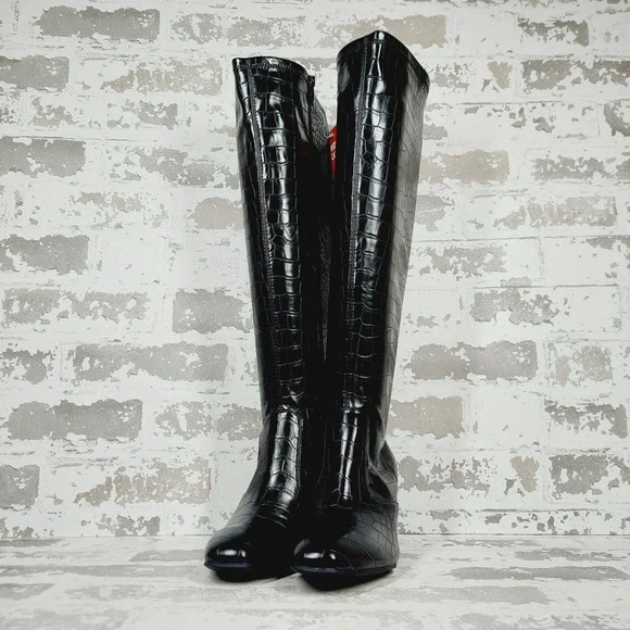 NEW Franco Sarto Talfer Knee High Faux Leather Black Croc Boots T541 - Picture 2 of 12